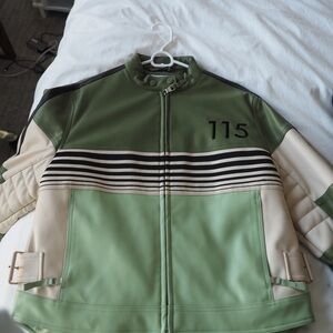 House of Sunny Green and Cream Leather Jacket